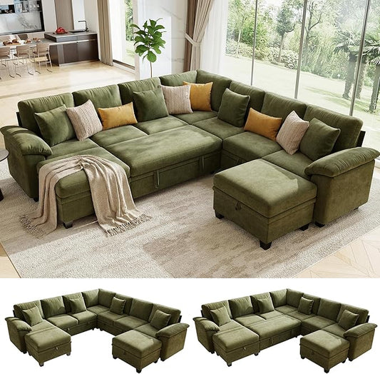 107.8" Oversized Modular Sectional Sofa with Pull Out Bed, 9 Seat U Shaped Sectional Sleeper Sofa with 291L Storage, Convertible Cloud Couch Bed, Sectional Couches for Living Room, Apartment (Green)