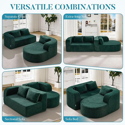 Hobestluk Modular Sectional Sofa Couches L-Shape Couch 3 Seat Modular Sofa Memory Foam Sectional Couches for Living Room, Cloud Couch (Round Green, 96", Right Hand Facing)