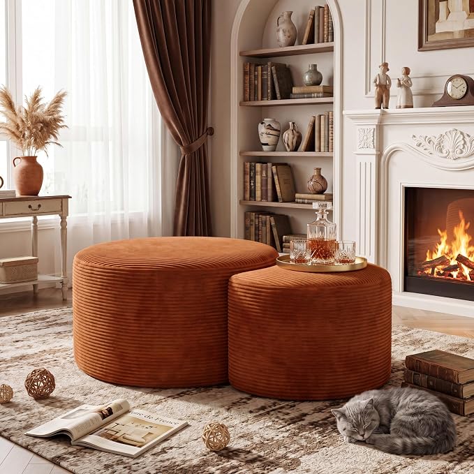 BSHOMGI Nesting Coffee Table Set of 2,Corduroy Ottoman Soft Foot Rest Movable LargePouf Footstool for Living Room Sofa Couch Bedroom Entryway and Small Spaces No Assembly (Orange, 32"+17")