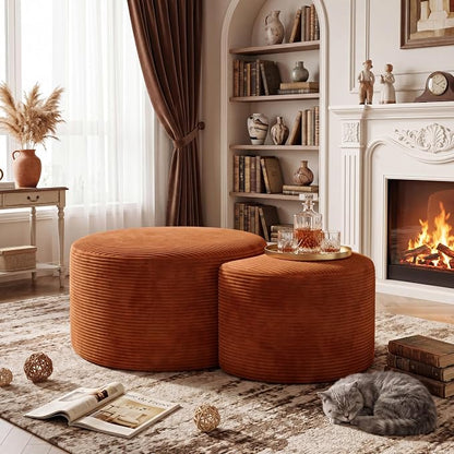 BSHOMGI Nesting Coffee Table Set of 2,Corduroy Ottoman Soft Foot Rest Movable LargePouf Footstool for Living Room Sofa Couch Bedroom Entryway and Small Spaces No Assembly (Orange, 32"+17")