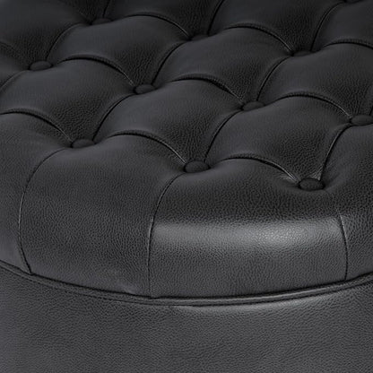 HomePop 25" Button Tufted Round Storage Ottoman - Black Faux Leather