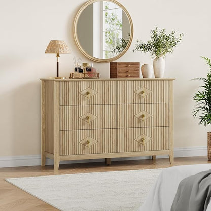 GarveeHome Fluted Dresser for Bedroom, 47.2 Inch Wide 6-Drawer Wood Dresser, Modern Chest of Drawers, Storage Organizer Cabinet for Living Room, Hallway, Entryway, Natural Oak
