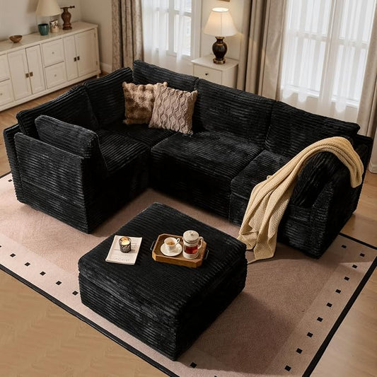 ovios Modular Sectional Sofa Couch with Sofa Bed L-Shape Chaise, Comfy Plush Corduroy Cloud Couches, Modern Luxury Deep Seat Sofas Set for Living Room, 5-Seater, Black