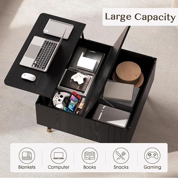 Lift Top Coffee Table with Storage, 32" Black Center Table for Living Room, Square Dinning Table with Solid Wood Legs