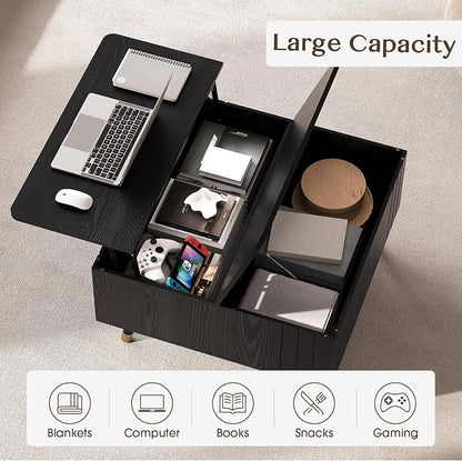 Lift Top Coffee Table with Storage, 32" Black Center Table for Living Room, Square Dinning Table with Solid Wood Legs