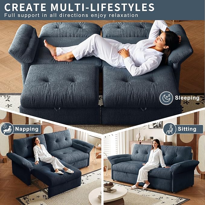 81.5'' Full Sleeper Sofa, Pre-Assembled, Chenille Pull Out Couches Bed, 3-in-1 Convertible Sofa, Adjustable Backrest, Small Loveseat for Small Space, Living Room, Apartment, Chenille Blue