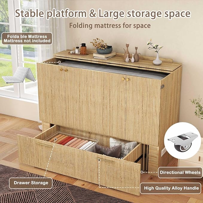 Full Size Murphy Bed Cabinet: Modern Murphy Bed Full Oak, Natural Wood Hidden Beds Cabinet with Charging Station, Fluted Hideaway Beds for Apartments (Oak-Stripe)