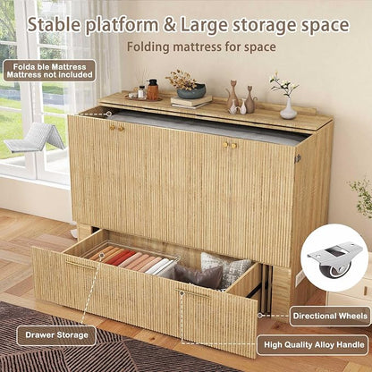 Full Size Murphy Bed Cabinet: Modern Murphy Bed Full Oak, Natural Wood Hidden Beds Cabinet with Charging Station, Fluted Hideaway Beds for Apartments (Oak-Stripe)