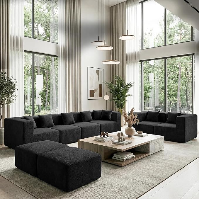 MONVANE Modular Sectional Sofa, Oversized 8 Seat Convertible U Shaped Couch with Ottoman, Comfy Teddy Velvet Cloud Couch with Deep Seat, Sectional Couches for Living Room, No Assembly Required, Black