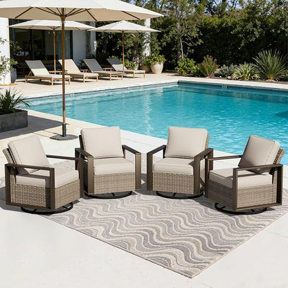 Joyside Outdoor Patio Swivel Rocker Chairs Set, 4 Pieces Wicker Rattan Chairs with Metal Wide Armrest, Thick Cushions and Deep Seating for Garden, Backyard, Porch, Deck