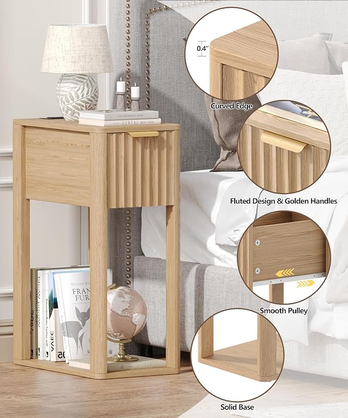 Akxomel Narrow Fluted Nightstands Set of 2, Wooden Slim Bedside Table with Charging Station, Mid-Century Modern Night Stand with Drawer and Open Shelf, Small Side End Table, for Bedroom, Natural Oak