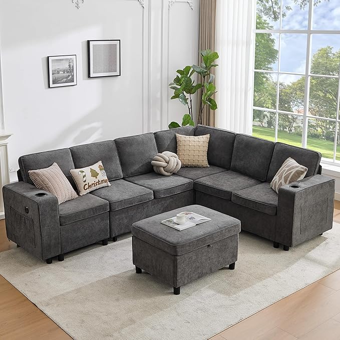 107 Inch Modular Sectional Sofa with Pull Out Bed, 7 Seat U Shaped Sectional Sleeper Sofa with Storage Ottoman, USB Port & 6 Pillows, Sectional Couches for Living Room & Apartment, Modular Couch, Grey