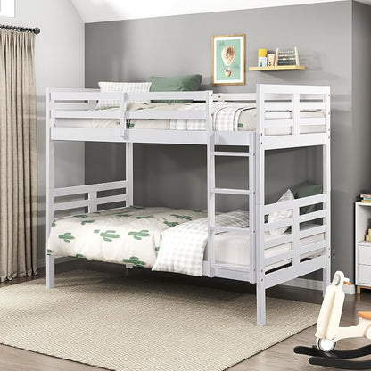 Lexicon Bunk Bed Twin Over Twin, Wooden Bed Frame with Sturdy Ladder and Safety Guard Rails, Modern Space-Saving Design, for Bedroom/Guest Room, No Box Spring Needed, White