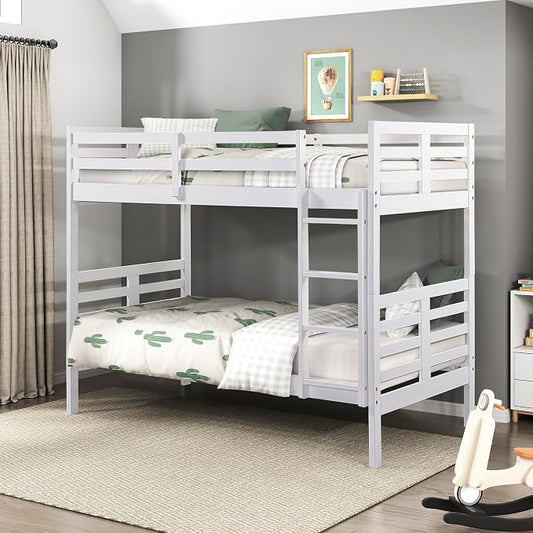 Lexicon Bunk Bed Twin Over Twin, Wooden Bed Frame with Sturdy Ladder and Safety Guard Rails, Modern Space-Saving Design, for Bedroom/Guest Room, No Box Spring Needed, White