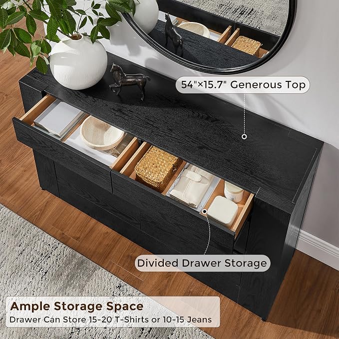 OKD 6 Drawer Dresser for Bedroom, 54" Wide Chest of Drawers with Thick Wood Design, Handleless, Modern Bedroom Dresser, Storage Organizer for Living Room/Entryway/Hallway, Black Oak