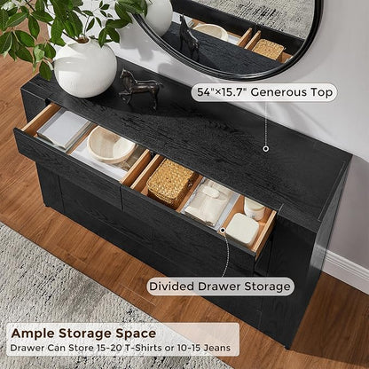 OKD 6 Drawer Dresser for Bedroom, 54" Wide Chest of Drawers with Thick Wood Design, Handleless, Modern Bedroom Dresser, Storage Organizer for Living Room/Entryway/Hallway, Black Oak