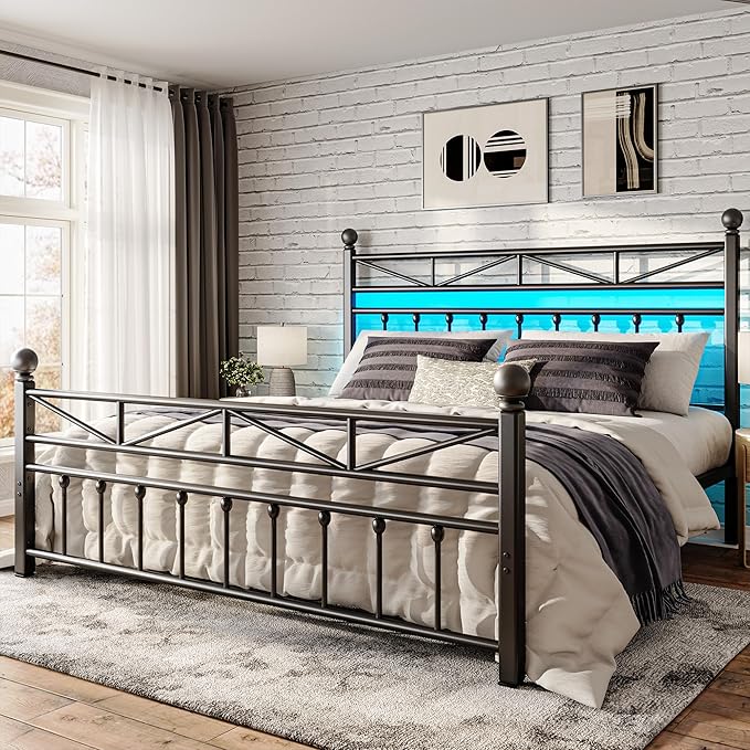 EnHomee 14.2" King Bed Frame with Tall Headboard & Footboard, Metal Bed Frame with Strong Slats Support and Noise-Free Design，Under Bed Storage，No Box Spring Needed，Black