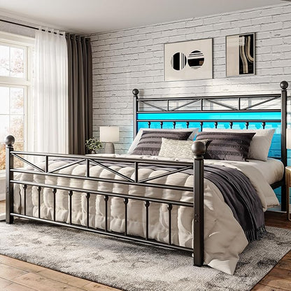 EnHomee 14.2" King Bed Frame with Tall Headboard & Footboard, Metal Bed Frame with Strong Slats Support and Noise-Free Design，Under Bed Storage，No Box Spring Needed，Black