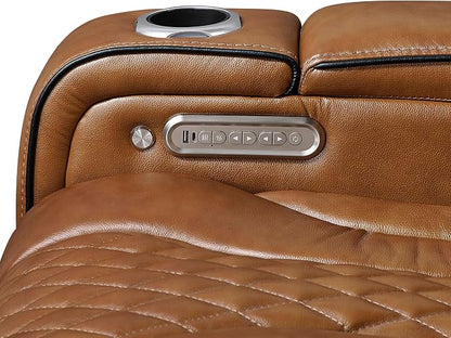 Lexicon Power Double Reclining Sofa, Center Drop-Down Table with Heat/Massage/Headrest/Storage Arms/Cup Holders/LED Lights/Wireless Charging, Top Grain Leather Match Wall Hugger Recliner Sofa, Brown