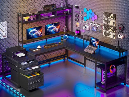 EnHomee 104'' L Shaped Gaming Desk, Reversible Two Person Corner Computer Desk with LED Lights & Power Outlet, Monitor Stand & 3 Drawers, Home Office Workstation for Gaming Room, Black