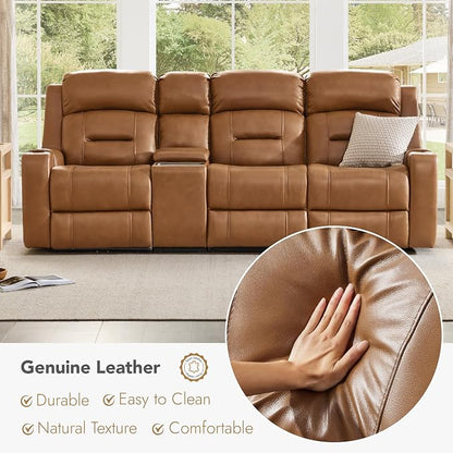Watson & Whitely Genuine Leather Power Recliner Sofa, Lay Flat Reclining Sofa with Storage Console, Power Headrest & Cup Holders, 3 Seater Electric Reclining Couch for Living Room, Saddle Brown