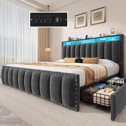 YITAHOME Queen Size Bed Frame with 4 Storage Drawers and RGB LED Lights, Velvet Upholstered Platform Bed with Charging Station and Bookcase Storage Headboard, No Box Spring Needed, Dark Grey