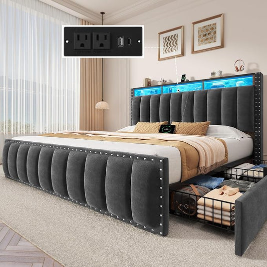 DWVO Queen Size Bed Frame with 4 Storage Drawers and RGB LED Lights, Velvet Upholstered Platform Bed with Charging Station and Bookcase Storage Headboard, No Box Spring Needed, Easy Assembly, Grey