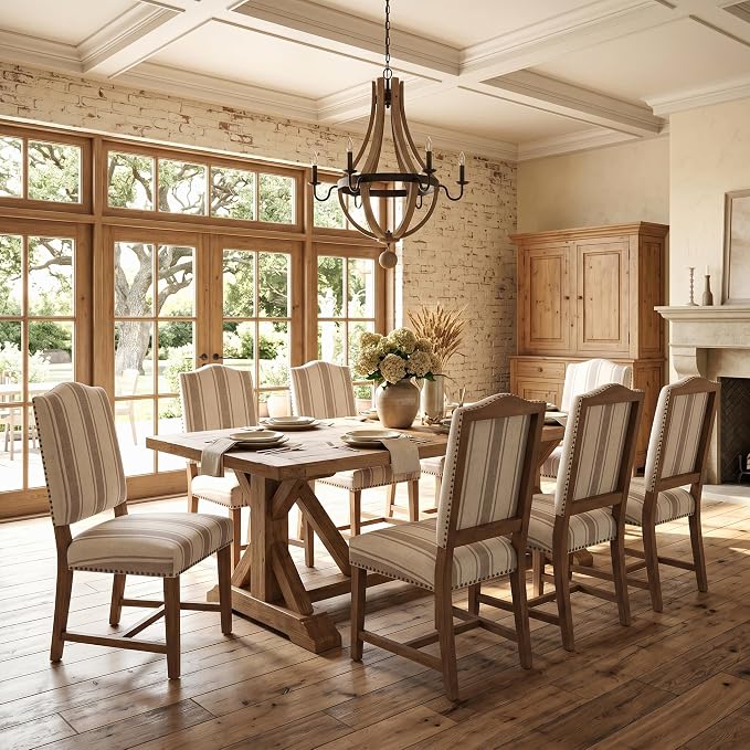ROCITY Linen Dining Chairs Set of 2 Upholstered Farmhouse Dining Room Chairs Kitchen Side Chairs with Wooden Legs&Nailhead Trim, Beige with Brown Stripe