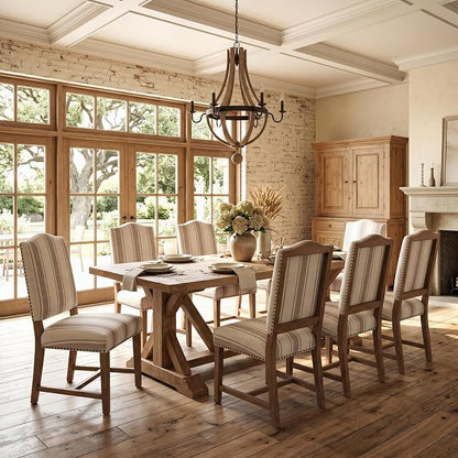 ROCITY Linen Dining Chairs Set of 2 Upholstered Farmhouse Dining Room Chairs Kitchen Side Chairs with Wooden Legs&Nailhead Trim, Beige with Brown Stripe