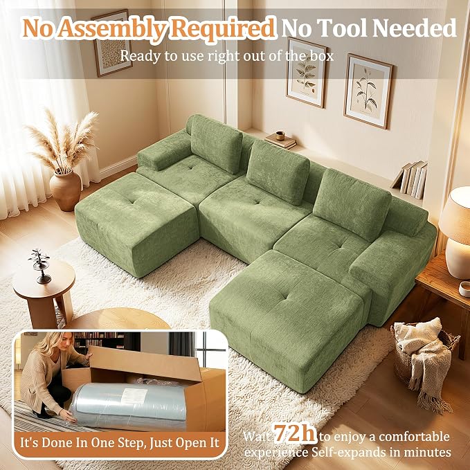 122" U-Shaped Modular Sectional Sofa, Oversized Boneless Cloud Couch for Living Room with Extra Deep Seat & High Back, Tool-Free No Assembly, Soft Chenille (Olive Green, 122 inch-U Shaped（3+2）)