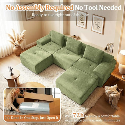 122" U Shaped Oversized Boneless Couch, Comfort Cloud Sectional Couches for Living Room, Modular Sofa High Back & Extra Deep Seat, No Assembly, Chenille(Olive Green, 122 inch-U Shaped（3+2）)