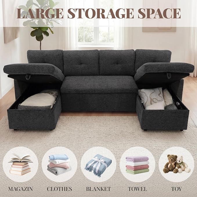 Huatean Home Oversized Sleeper Sofa Couch, 100 inch 2 in 1 Pullout Couch Bed with Side Pockets for Living Room, Sectional Sleeper Sofa Bed with Double Storage Chaise, Black