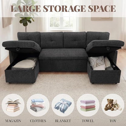 Huatean Home Oversized Sleeper Sofa Couch, 100 inch 2 in 1 Pullout Couch Bed with Side Pockets for Living Room, Sectional Sleeper Sofa Bed with Double Storage Chaise, Black