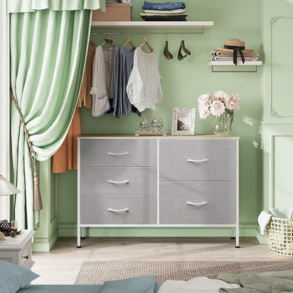 WLIVE Dresser for Bedroom with 5 Drawers, Wide Bedroom Dressers with Drawer Organizers, Chest of Drawers, Fabric Dresser for Living Room, Closet, Hallway, Light Grey