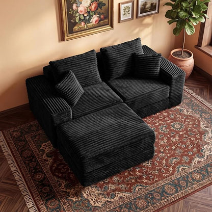 75'' L-Shaped Cloud Modular Sectional Couch with Chaise, Modern Corduroy Memory Foam Sofa Bed, Upholstered Boneless Deep Seat Fluffy Sleeper Sofa, for Living Room, No Assembly Needed (Black)