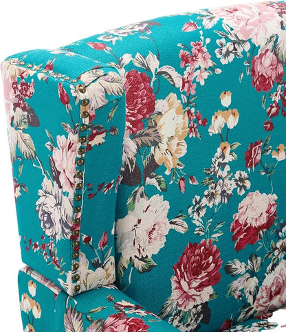 High Back Floral Accent Chairs Set of 2, Upholstered Armchair in Fabric, Retro Printed Wingback Arm Chair for Living Room, Nailhead Trim Single Sofa Bedroom Reading Seat - Peacock Blue
