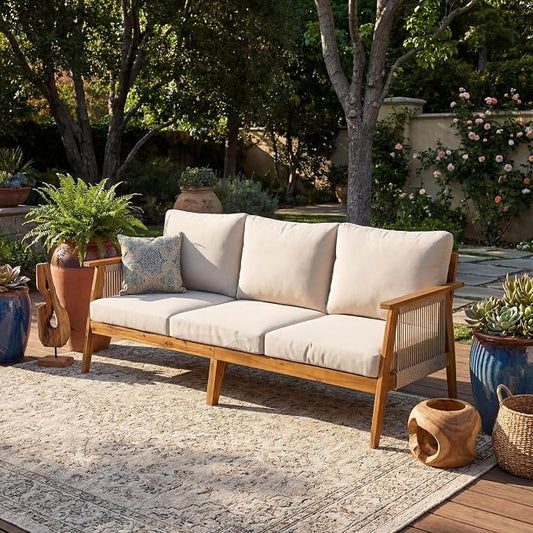 Merax Outdoor Acacia Wood & Rope 3-Seater Patio Sofa with Water-Repellent Cushions, Handmade Woven Garden Sofa for Poolside & Deck