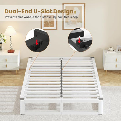 10 Inch Full Size Bed Frame with Rounded Corner and Squeak Free U-Slot Design, Metal Platform Bed Frames 6 Non-Slip Guards, 3500lbs Heavy Duty Steel Slat Support, No Box Spring Needed, White