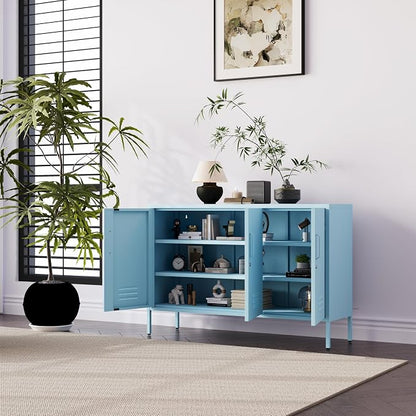 32" Wide 3-Door Lockable Metal Storage Cabinet with Accent Cabinet Locker, Heavy Duty Home Tool Cabinet, 2 Removable Shelves & Easy Assembly, for Home, Office, Entryway and Hallway Blue