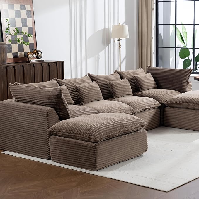 Boneless Couch Sectional Sofas Cloud Couches for Living Room | 130'' Modern Modular Cloud Sofa with Pillows and Ottoman for Bedroom
