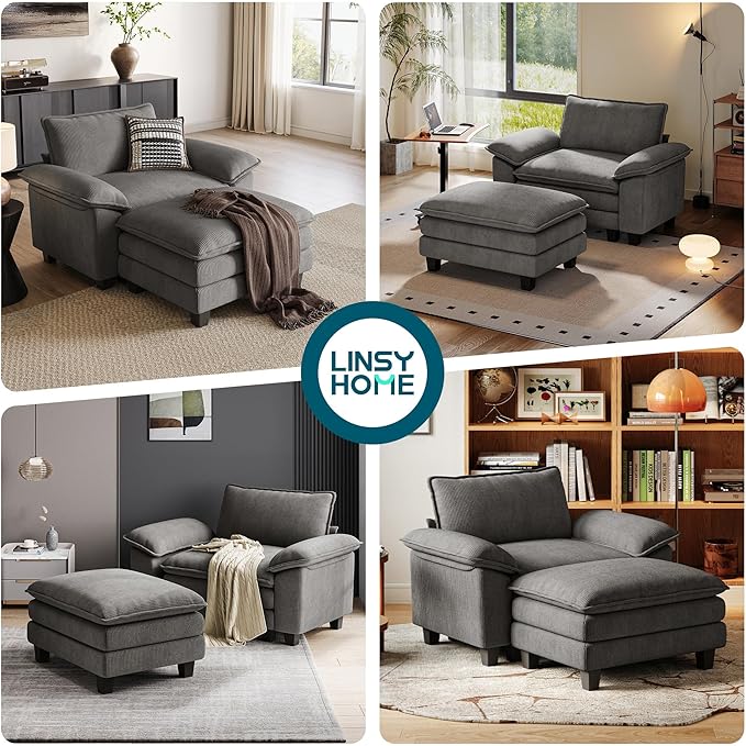 LINSY HOME Cloud Sofa Accent Chair with Ottoman Chaise Lounge Chair Indoor, Corduroy Couch Sofa Chair for Living Room Apartment Bedroom Office, Grey