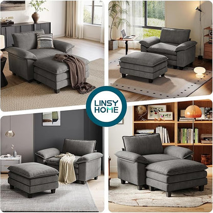 LINSY HOME Cloud Sofa Accent Chair with Ottoman Chaise Lounge Chair Indoor, Corduroy Couch Sofa Chair for Living Room Apartment Bedroom Office, Grey