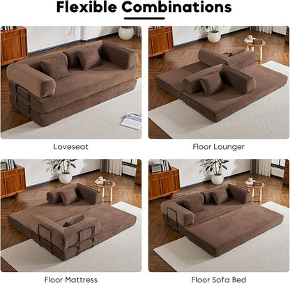 ZEIINPA Convertible Sleeper Sofa Bed, Corduroy Floor Couch with Fixed-Shape Frame, Comfy Modular Floor Sofa with Pull Out Bed, Sleeper Loveseat Boneless Couch for Living Room, Brown