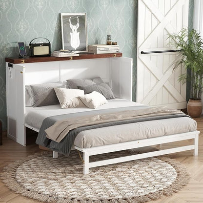 PVWIIK Queen Murphy Bed with Drawer & Charging Station for Bedroom,Home Office, Studio,Guest Room,Queen Size Solid Wood Bed Frame Murphy Bed with USB Port for Bedroom,White-Walnut