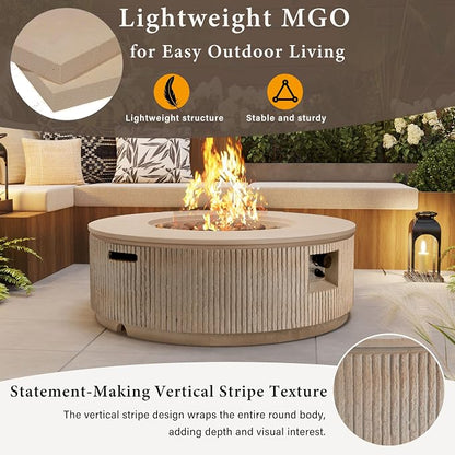 Merax 38.19'' MGO Propane Outdoor Fire Pit with Vertical Stripe Design, 50000 BTU Round Fire Pit Table with Steel Burner, Adjustable Flame Control, Lava Rocks & Rain Cover for Patio&Backyard, Brown