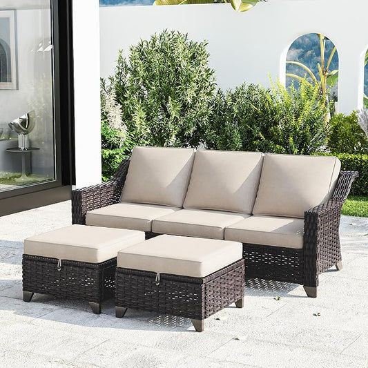 Joyside Patio Furniture Set, 3 Pieces Outdoor Wicker High Back Sofa with Ottoman and Comfy Cushions, Upgraded Large Size, All Weather High Back Conversation Set, (Brown/Beige)