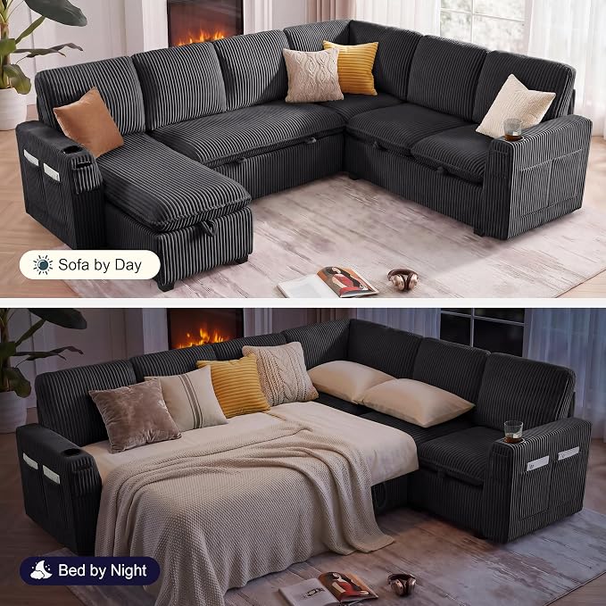 Sectional Sleeper Sofa with Pull Out Bed, Plush Corduroy 7 Seat Modular Sectional Sofa with Storage Chaise and Adjustable Backrest, Cloud Couches for Living Room, Apartment, Dark Grey