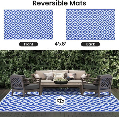 Smiry Waterproof Outdoor Rug 4x6 ft, Reversible Plastic Straw Patio Camping Rugs, Outdoor Indoor RV Mat Carpet for Patio, Outside Entry, Backyard, Deck, Bench, Picnic, Camper, White & Blue