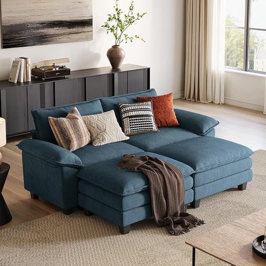 LINSY HOME 90'' Modular Sectional Sofa 2 Seat Couch Corduroy Cloud Couch with Deep Seat, Modern Cloud Couch with 2 Movable Ottoman for Living Room, Office, Bedroom, Blue