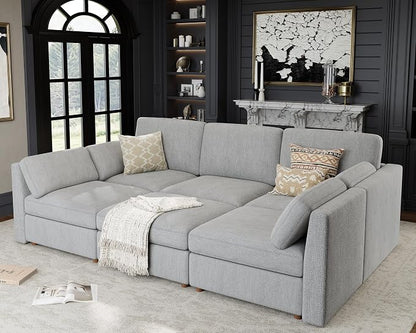 Oversized Modular Sectional Sleeper Sofa Bed Cloud Couches Gray | Deep Seat Couch for Living Room, 6-Seater Luxury Comfortable Sofa with Ottoman, Solid Wood Frame, Removable Washable Cover